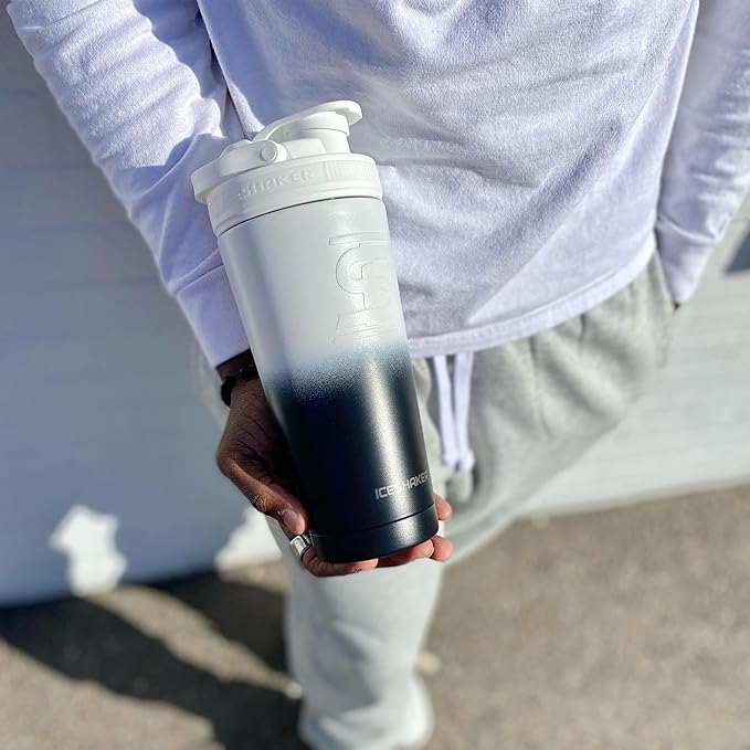 Ice Shaker Stainless Steel Shaker Bottle | 26oz, Black/White | Stays Cold for 30+ Hours | Insulated Cup with Twist-on Agitator | Odor-Free Shaker Cup for Protein Shakes, Water, Smoothies