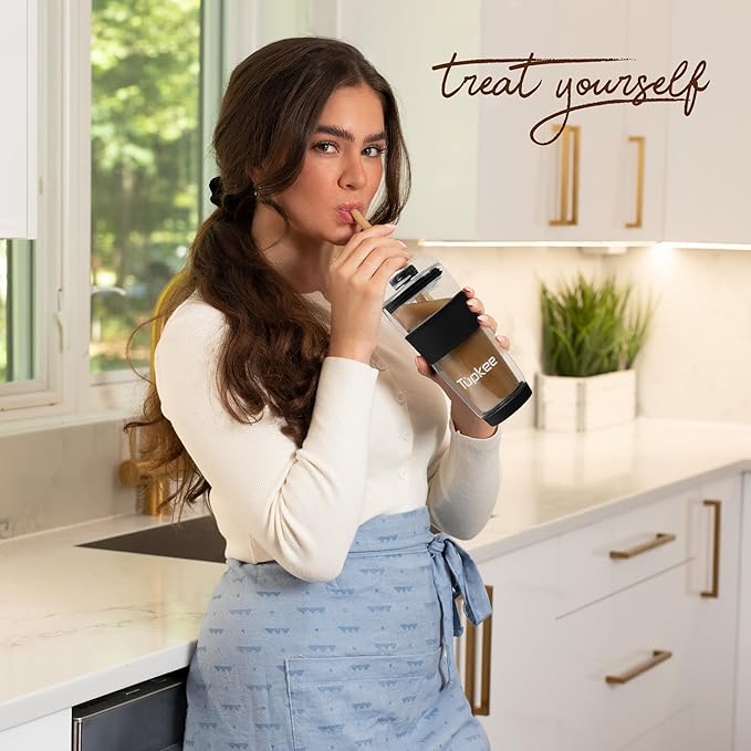 Tupkee Double Wall Glass Tumbler Straw Lid - For Hand Blown Glass Travel Mug, 14-Ounce & 8-Ounce, Black