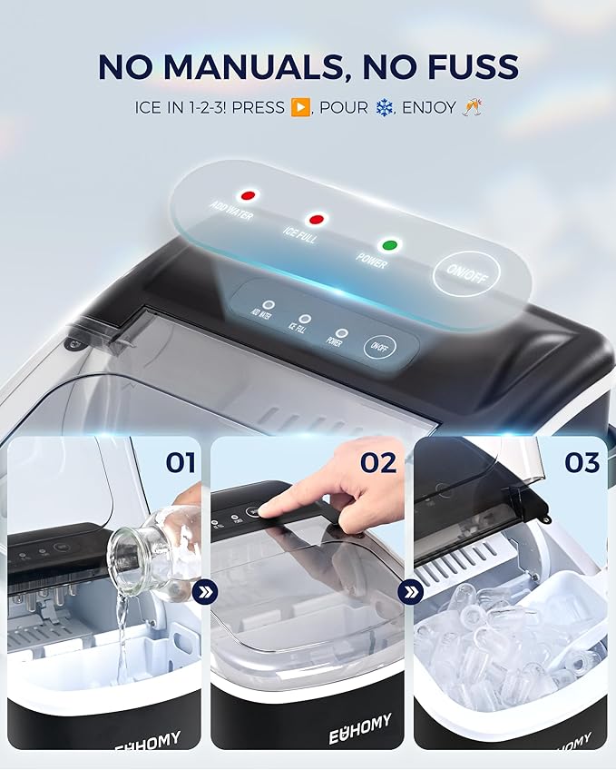 EUHOMY Countertop Ice Maker Machine with Handle, 26.5lbs Per Day, 9 Ice Cubes Ready in 6 Mins, Auto-Cleaning Portable Ice Maker with Basket and Scoop, for Home/Kitchen/Camping/RV (Black)