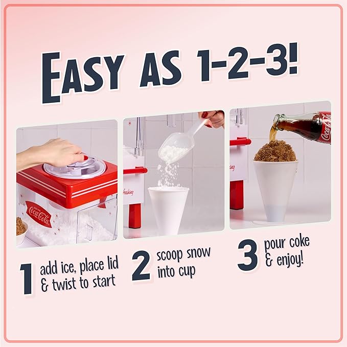 Nostalgia Coca-Cola Snow Cone Machine – Retro Table-Top Snow Cone Maker with Stainless Steel Blades – Slushie Machine Includes 2 Reusable Plastic Cups & Ice Scoop, Makes 20 Icy Treats - White & Red
