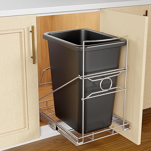 Pull Out Trash Can Under Cabinet Adjustable Trash Can Holder for 7 to 11 Gallon Bin Bottom Mount Slide Out Trash Rack for Narrow Cabinets(Silver, No Bin Included)