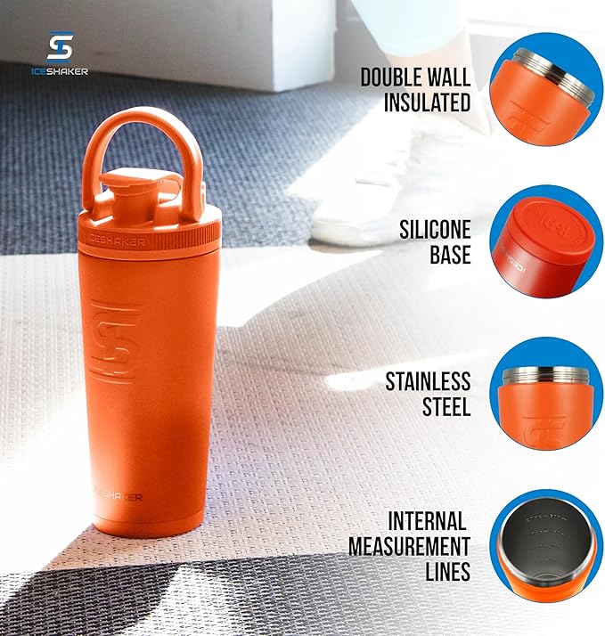 Ice Shaker Insulated Stainless Steel Shaker Bottle | 26oz, Orange Color Rush | Cold for 30+ Hours | Insulated Cup with Twist-on Agitator | Bottle for Protein Shakes, Smoothies, Cocktails