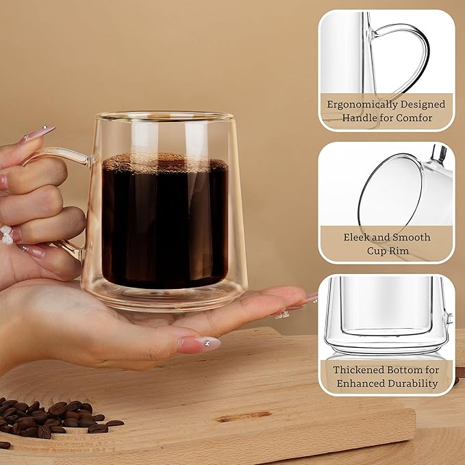 Joeyan 10.8oz Double Wall Glass Coffee Mugs Set of 2, Insulated Clear Glass Coffee Cups with Handle, Thermal Two Layer Latte Mugs for Hot Cold Drinks, Glassware for Coffee Tea Cocktails Espresso Beer