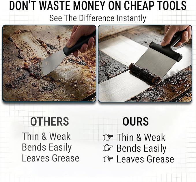 Grill Scraper, Stainless Steel Food Scraper with Handle – Heavy Duty Grill Scraper for Outdoor Grill, Flat Top Grill Cleaner, BBQ Tools & Accessories for Easy Grease and Stain Removal (Style 02)