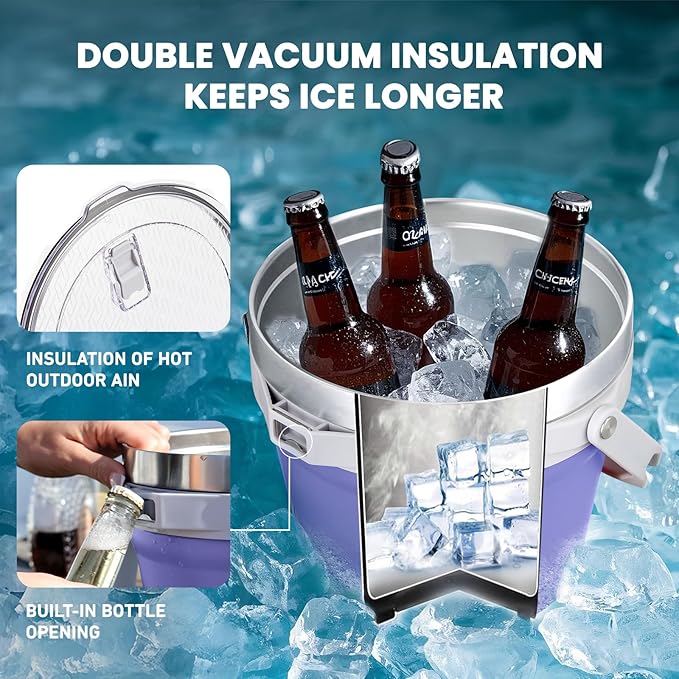 COKTIK 7L Insulated Ice Bucket with Lid，Double Wall Vacuum Stainless Steel Beverage Bucket Keeps Frozen Longer，Holds 6 Longnecks or 3 Bottles of Wine，for Cocktail, Champagne(Deep purple)