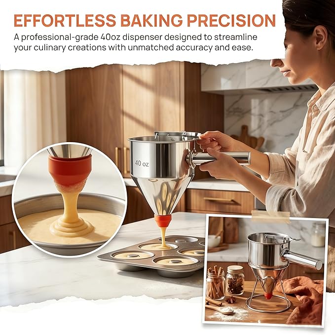 40oz 304 Stainless Steel Pancake Batter Dispenser With Dustproof Lid 4 Interchangeable Nozzles&Detachable Handle Perfect For Parent-Child Baking, Holiday Parties, Cupcakes Waffles。