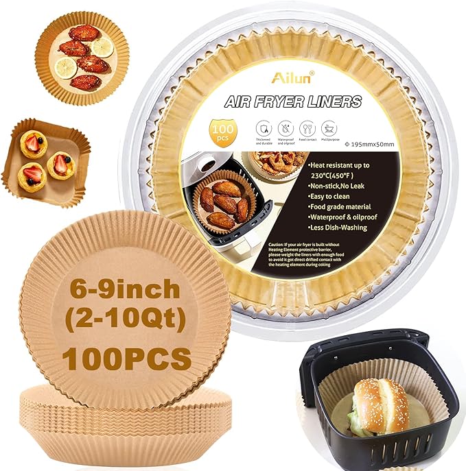Ailun Air Fryer Paper Liners 8inch, 100PCS Non-Stick Parchment Paper,Oil Resistant,Disposable Food Grade Free of Bleach Paper Round for 5-8 QT Air Fryer Baking Roasting Microwave