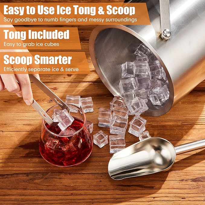2 Pcs 3l/3.17qt Insulated Ice Bucket with Silicone Lid, Scoop, Tongs Strainer Stainless Steel Double Wall Insulated Ice Buckets for Parties Cocktail Bar, Outdoor Champagne Container Bin