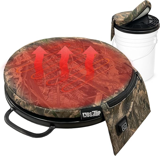 MDSTOP Heated 5 Gallon Bucket Seat, 360-Degree Swivel Bucket Seat Lid, Waterproof Top Seat Foam Cushion for Dove Duck Hunting, Ice Fishing, Baseball, Gardening, Camping（No Power Bank）