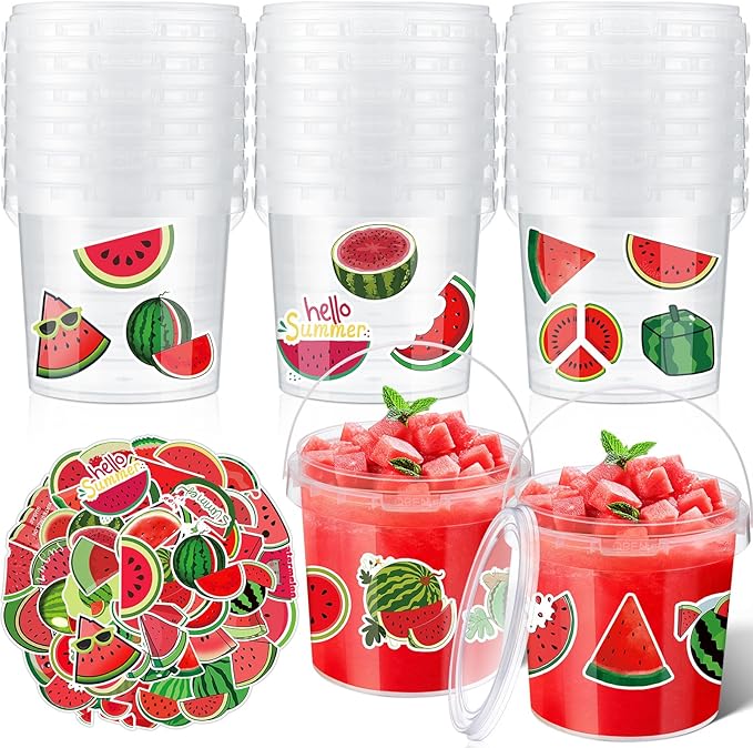 PerKoop 20 Pcs 32 oz Ice Cream Buckets with Lids and Handles Clear Cocktail Rum Buckets with Stickers Plastic Transparent Tub Reusable Food Storage Containers for Parties(Watermelon)