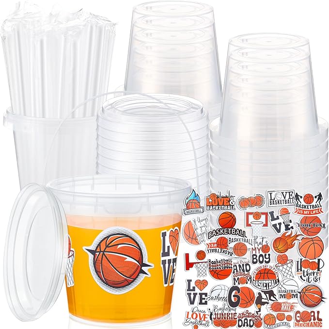 Funnymoom 30 Set Basketball Drink Buckets with Lids and Straws Clear Plastic Cups Disposable Rum Cocktail Pails with Handles & Stickers for Adult Sports Watch Party Favors Hoops Game Day & Tailgate