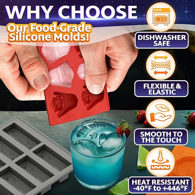 8-Piece Sci-Fi Silicone Molds Set - Flexible Space Ice Cube Trays for Easter Brunch and Patio Drinks, Candy, Chocolate, Gelatin | Nonstick Reusable, Dishwasher Safe, Hot & Cold Temperatures Resistant