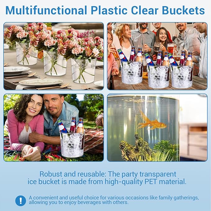 Garvee 6.5 in Clear Plastic Ice Bucket – Multi-Purpose Wine/Champagne/Beer Cooler, Snack Tub, Kettle Corn Bowl, Vase – BPA-Free, Food-Grade, Durable & Stylish (12-Pack with Ice Tongs)
