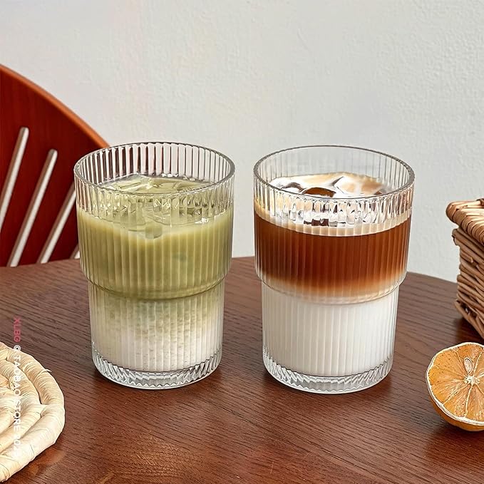 13oz Glass Cups with Lid and Straw,Iced Tumbler Coffee Cup,Reusable Clear Glass Cups for Water,Iced Tea,Juice,To Go Coffee(4pcs)