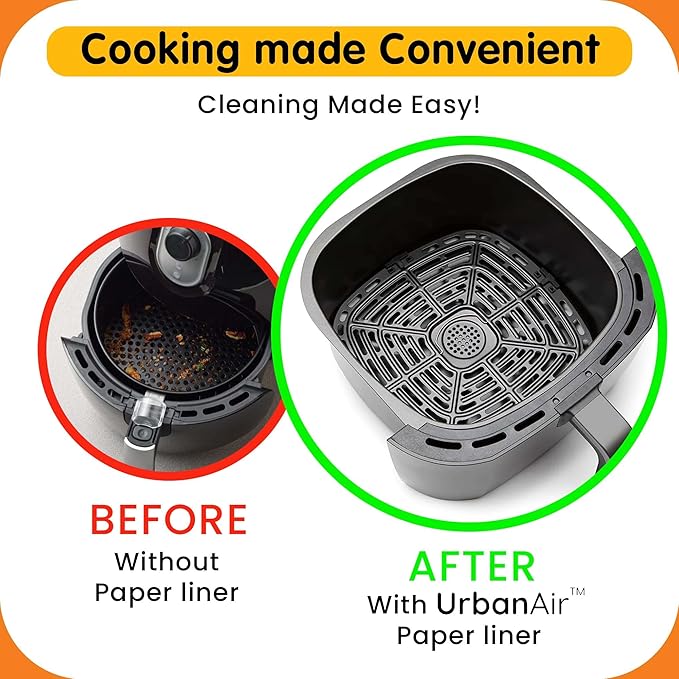 UrbanAir 8-Inch Square 125pcs Air Fryer Paper Liners for Easy Cleanup - Non-Stick, Heat-Resistant, and Perfect Fit for Hassle-Free Cooking | Bleach-Free Parchment| (8 In/20cm)
