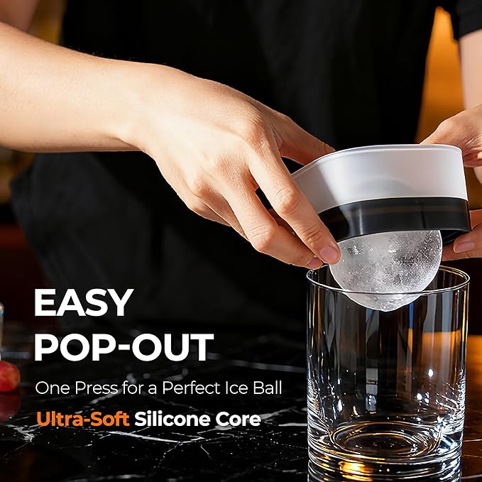 Easy Release Ice Ball Maker Mold, 2 Pack, 2.5 Inch Large Round Ice Cube Mold for Whiskey & Cocktails, Stackable Lid, Leak-Resistant Silicone