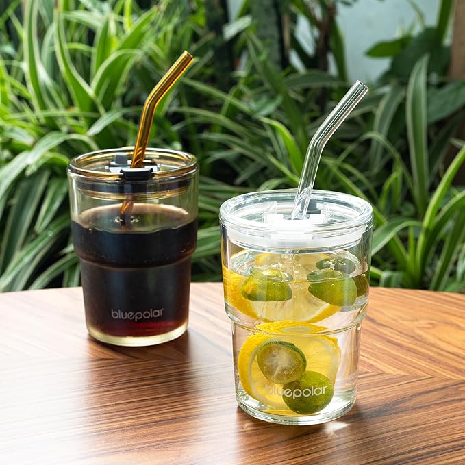BLUEPOLAR 13oz/400ml Glass Water Tumbler with Straw and Lid Sealed Carry On Thick Wall Iced Coffee Cup Glass Cup for Water, Iced Tea Fruit Juice Etc (Amber)