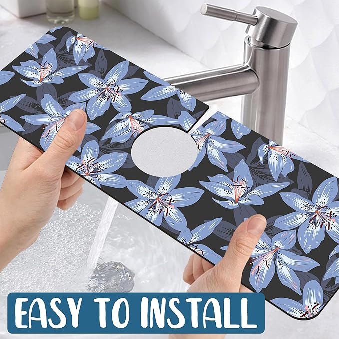 Blooming Lily Sink Faucet Absorbing Mat Blue Lily Flowers Super Absorbent Fast Drying Mat Sink Gadgets Behind Faucet Sinkmat for Kitchen Bathroom, 15.5"x5.5"