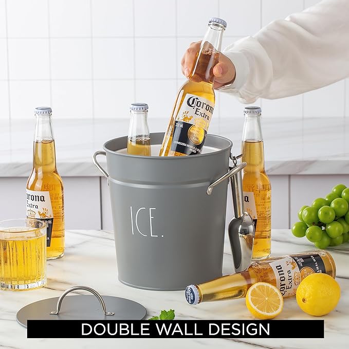 Rae Dunn Ice Bucket with Scoop - Stainless Steel Bucket with Handle, Lid and Ice Scooper - 4 Qt. Storage Bin for Ice Cubes for Bars, Parties, Backyard Barbeques, Picnics, and Camping (Grey)