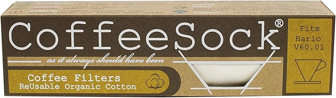 CoffeeSock Reusable Coffee Filters - Hario v60 01 Small (2 Filters) - Organic Natural Cotton Coffee Filters Made in the USA - Ultra-Durable 1 Year Filter Set - Eco-Friendly Compostable Cloth