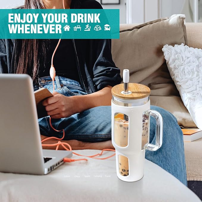WINSA Glass Tumbler with Lid and Straw, 46 oz Iced Coffee Cup with Handle, Large Water Bottles with Silicone Sleeve, Glass Cup with Straws - Pearl Straw & Drinking Straw BPA Free-White