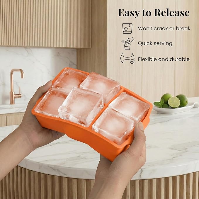 KitchFort Large Silicone Ice Cube Tray (2-Pack), Easy Release 2" Big Ice Cubes - Cocktail, Whiskey Ice Cubes Mold - Ice Trays for Freezer with Lid - Stackable Silicone Ice Tray - Orange