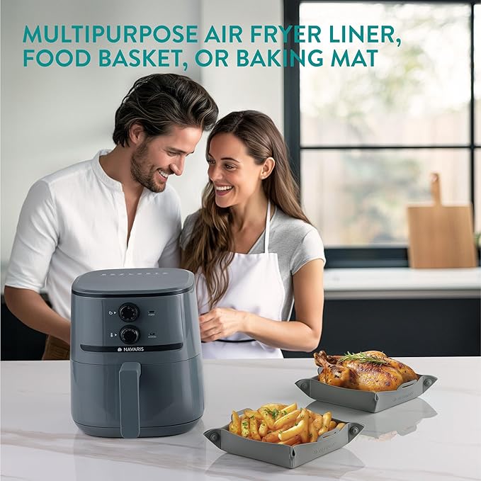 Navaris Silicone Air Fryer Liners (Set of 2) - Reusable Liner with Foldable Design 25cm x 28.2cm (9.8" x 11.1") - Basket Tray Mat - Dishwasher Safe - Grey