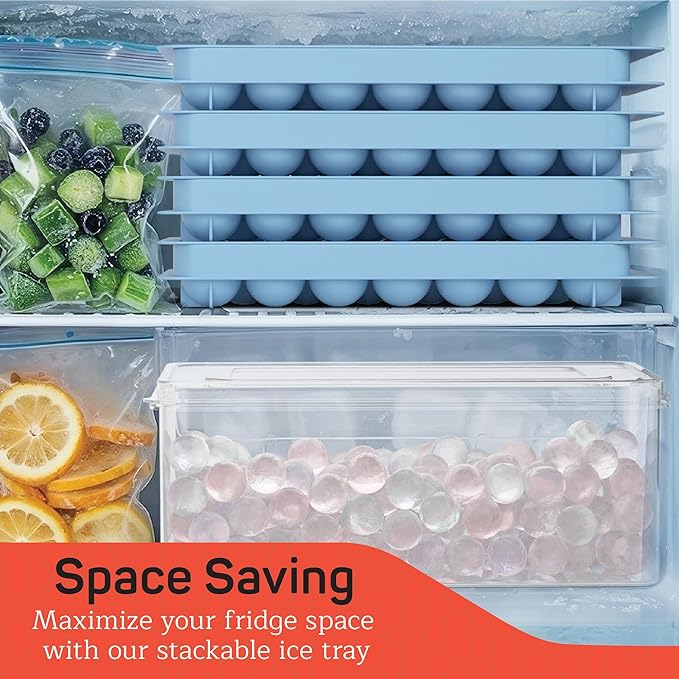 Emporio Kitchen Round Ice Cube Tray Set Pack of 2, BPA-Free Stackable Trays with Lid & Tongs, 33 Ice Balls Per Tray for Whiskey, Drinks, and Cocktails, Quick Release Round Ice Cube Mold, Blue
