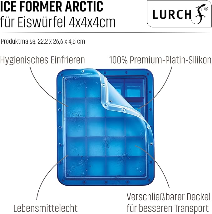 Lurch 240760 Ice Former Arctic Cube 4 cm Blue Ice Cube Tray for 20 Ice Cubes with Transparent Lid Blue