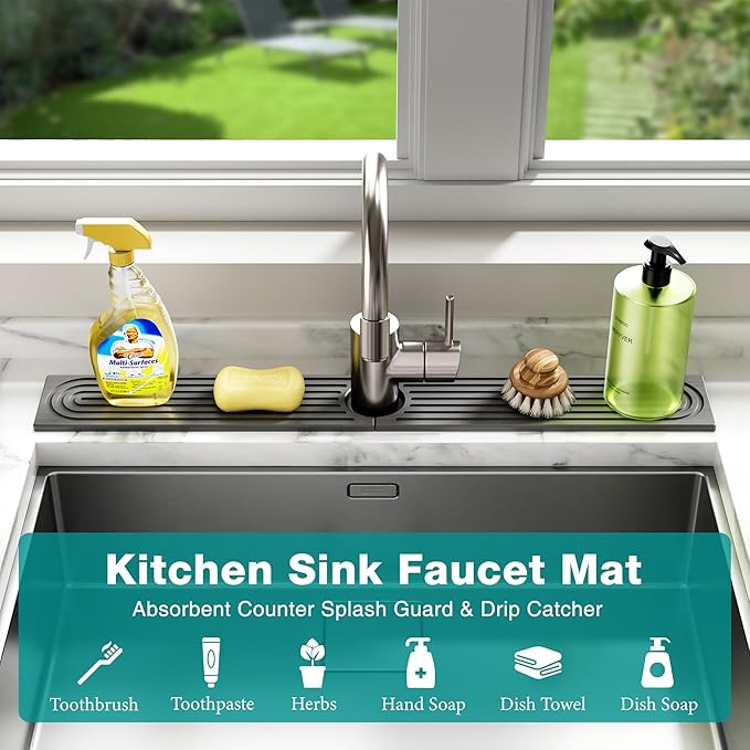 Stone Faucet Mat for Kitchen Sink - Quick Dry Diatomite Sink Splash Guard, Prevents Moisture Buildup & Water Stains, Water Absorbing Stone Tray for Bathroom Countertop (Dark Gray, 30" x 4")
