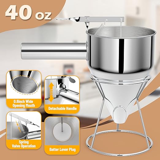 Pancake Batter Dispenser, Pancake Dispenser with 0.8 in Large Spout, Easy-Pour Cake Batter Funnel for Thick Mix with Fruits or Chocolate Chips, Stainless Steel Funnel for Home and Kitchen
