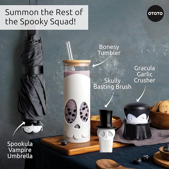 OTOTO NEW Bonesy Glass Tumbler with Straw and Lid - 16.90oz Cute Water Bottle Tumblers, Goth Accessories, Spooky Gifts, Halloween, Skull Glass Cup with Lid and Straw, Goth Gifts (White)