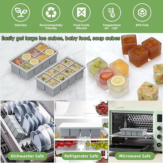 Large Ice Cube Molds, 4 Pack Easy Release Ice Trays for Freezer with Lid, Stackable Square Big Silicone Ice Cube Tray BPA Free Slow Melting for Bourbon Whiskey, Cocktails, Iced Coffee