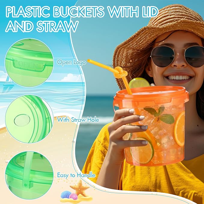 Funnymoom 48 Pack 34 oz Plastic Rum Buckets Bulks for Drinks with Straws Reusable Ice Cream Cocktail Cups Neon Party Bucket with Lids Handles Food Containers Cup for Summer Beach Bar Beer