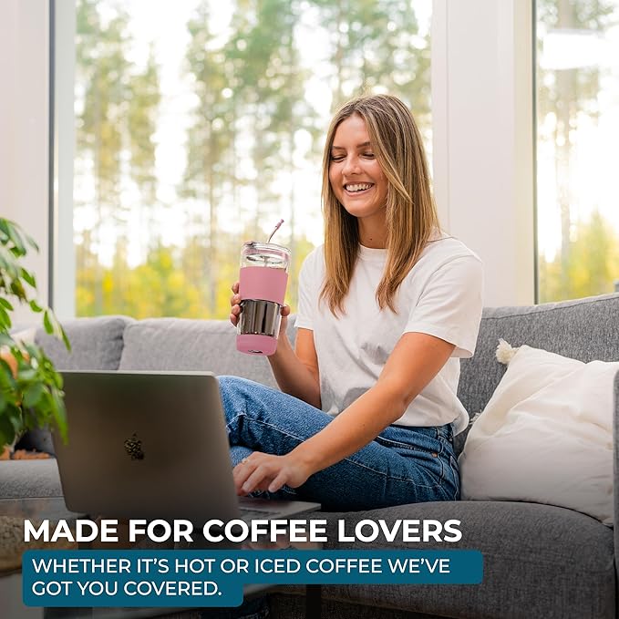 19 oz. Double Wall Glass Coffee Tumbler, To Go Travel Mug with Lid, Portable Glass Thermos with Straw, Reusable Cup, Tea, Smoothies, Ice Coffee, and Boba