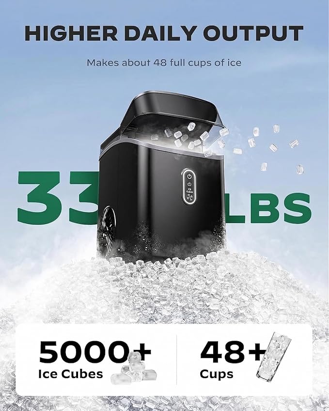 Silonn Nugget Ice Maker Countertop, Pebble Ice Maker with Soft Chewable Ice, One-Click Operation Ice Machine with Self-Cleaning, 33lbs/24H for Home,Kitchen,Office