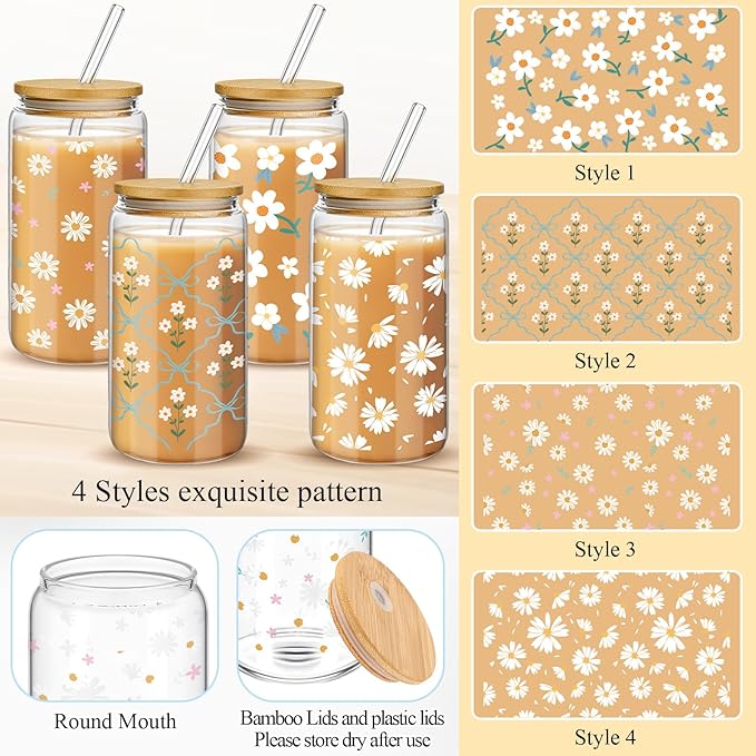 Mumufy 4 Pack Bridesmaid Gift Glass Cups, Cute Flower Mason Jars with Bamboo Lids & Straws, 16oz Iced Coffee Tumblers for Wedding, Bridal Party, Birthday, Mother's Day(Fresh Flower)