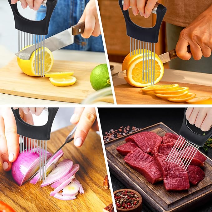 Large Onion Slice Holder Stainless Steel Onion Chopper Vegetable Cutter, Multi-use Kitchen Slicer Tool with 10 Long Needles, Food Slicing Assistant for Meat, Tomato, Potato, Lemon
