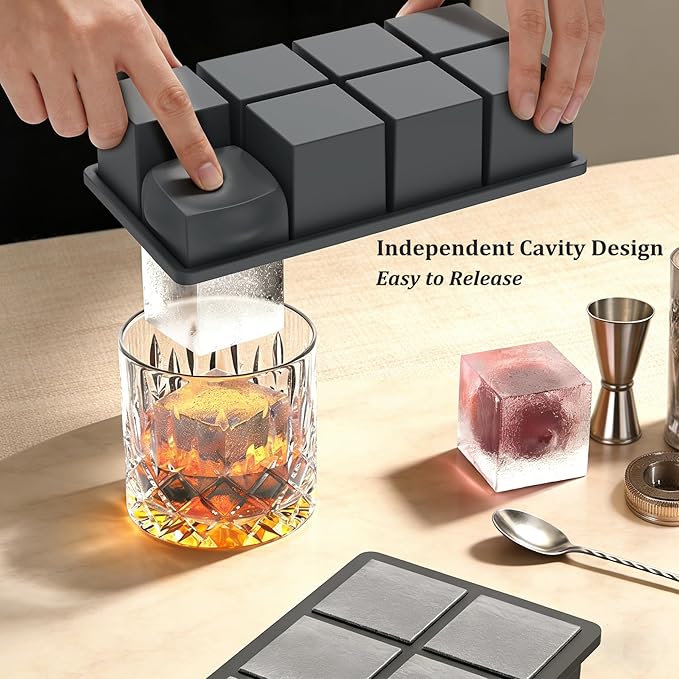 Bangp Silicone Ice Cube Trays with Metal Reinforced Frame(3 Pack),Large Ice Cube Tray with Lid,Easy Release Whiskey Ice Cubes Mold,Ice Trays for Freezer,Stackable Ice Cube Tray(Grey)