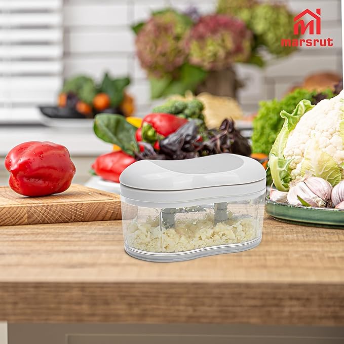 Garlic Dicer Push Chopper, Manual Hand Press Picador De Ajo, Food Mincer Cutter Slicer for Onion Vegetable Chili Peppers Fruits, Small Portable Handheld Easy Processor Shredder for Household Kitchen