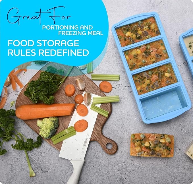 ZIP STANDING Silicone Freezer Trays with Lid,1-cup Soup Freezer Container large Ice Cube Molds with Reinforced Steel Ring Top for freezing Soup Sauce Broth Leftovers oven Dishwasher -Safe(2-Pack)