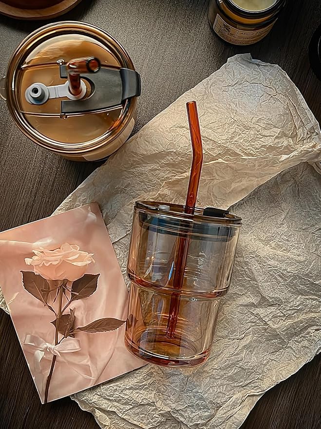Olvini 13oz Glass Tumbler with Straw and Lid, Reusable Iced Coffee Cup Tumbler, Cute Glass Cups for Water, Matcha, Travel Coffee Mugs (Amber - 13oz)