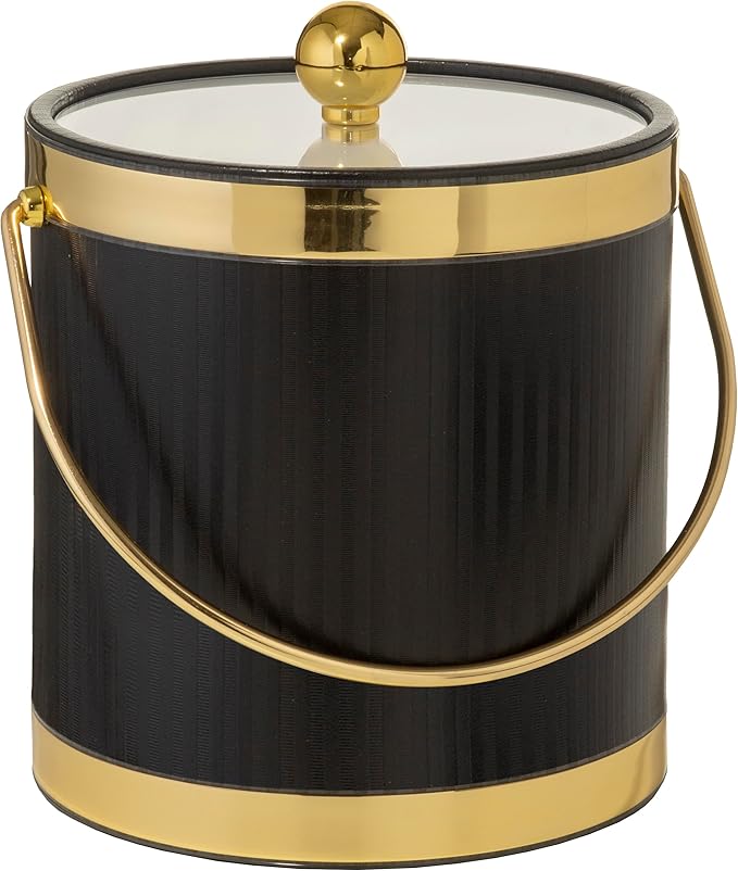 Made In USA Metallic Deco Collection Double Walled Insulated Ice Bucket With Ice Tongs (5-Quart, Black & Gold)