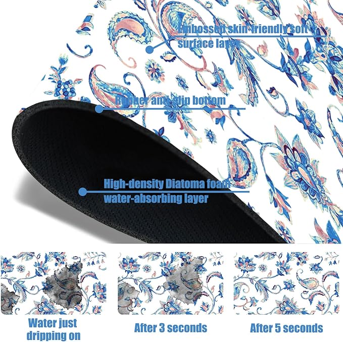 Sink Splash Guard Faucet Mat Paisley Flowers Tulips Leaves Absorbent Fast Drying Mat Sink Gadgets Splash Guard Behind Faucet Drip Catcher for Kitchen Bathroom 23.5"X5.5"