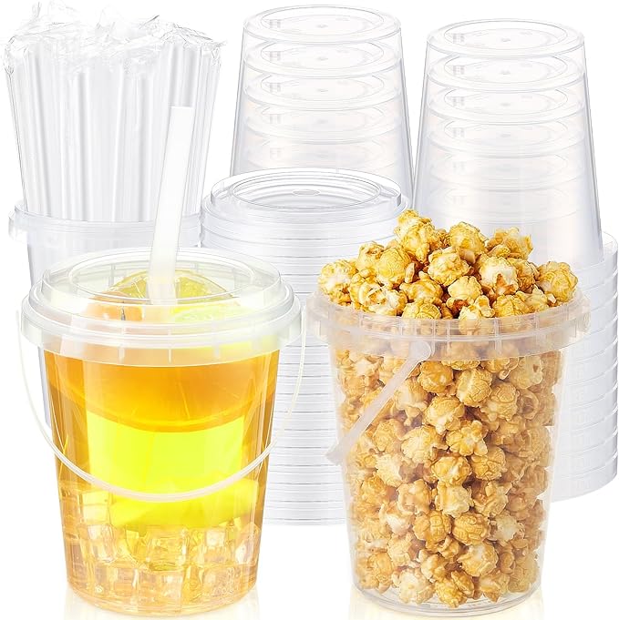 Funnymoom 30 Set Clear Plastic Drink Buckets with Lids and Straws 34oz Disposable Iced Coffee Cups Rum Cocktail Pails Large Smoothie Cup Bulk with Handles for Summer Beach Pool Party Supplies