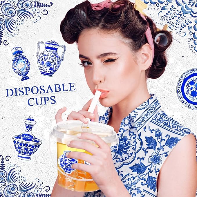 Funnymoom 30 Set Chinoiserie Drinks Buckets with Lids and Straws 24oz Blue and White Floral Clear Plastic Cups Disposable Rum Cocktail Pails with Handles & Stickers for Wedding Bridal Shower Birthday