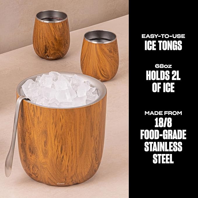 S’well Stainless Steel Ice Bucket with Tongs, 68oz Capacity, Teakwood Pattern Finish, Triple-Layer Vacuum Insulated to Keep Ice Colder Longer, BPA-Free Barware
