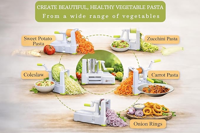 Brieftons 5-Blade Vegetable Spiralizer: Best Zucchini Spiral Slicer & Veggie Noodle Maker, Japanese Steel Blades, Strong Suction Cup, Blade Caddy, 4 Recipe eBooks | Low Carb, Vegan, Paleo, Gluten-Free
