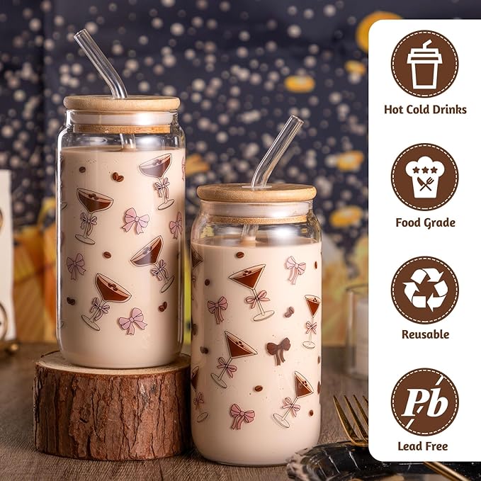 NatNarr 2 Pcs Espresso Martini Gifts, 16 oz Insulated Martini Glass with Lids Brush and Straws Reusable Iced Coffee Cup for Wedding Engagement Bachelorette Christmas Party Stocking Stuffers for Adult