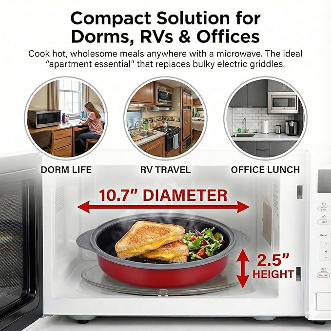 MACONEE Microwave Frying Pan Skillet, Grill & Crisper Pan with Lid Allows You to Fry, Sizzle, and Brown Foods in the Microwave, Micro Cookware for Grilling, Reheating, and Cooking a Variety of Dishes